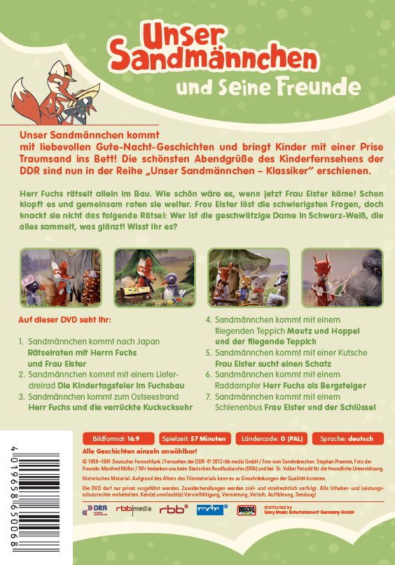 Sandmann DVD - Unser Sandmännchen Klassiker Teil 7 – Sieben lustige Verkleidungsspiele mit Pittiplatsch, Schnatterinchen und Moppi  Rückseite